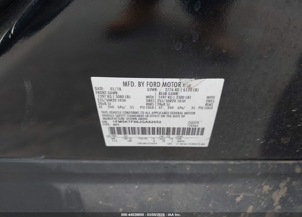 2018 FORD EXPLORER LIMITED VIN: 1FM5K7F88JGA82652