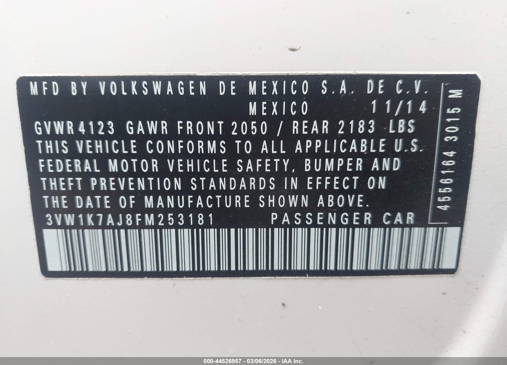 2015 VOLKSWAGEN JETTA 2.0L S VIN: 3VW1K7AJ8FM253181