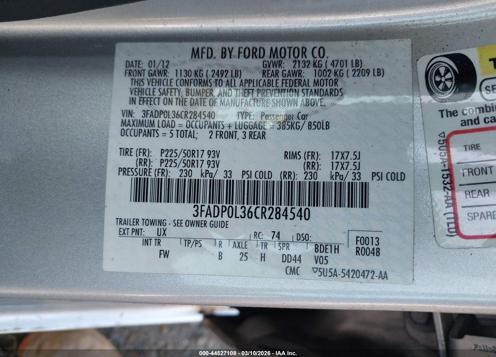 2012 FORD FUSION HYBRID VIN: 3FADP0L36CR284540