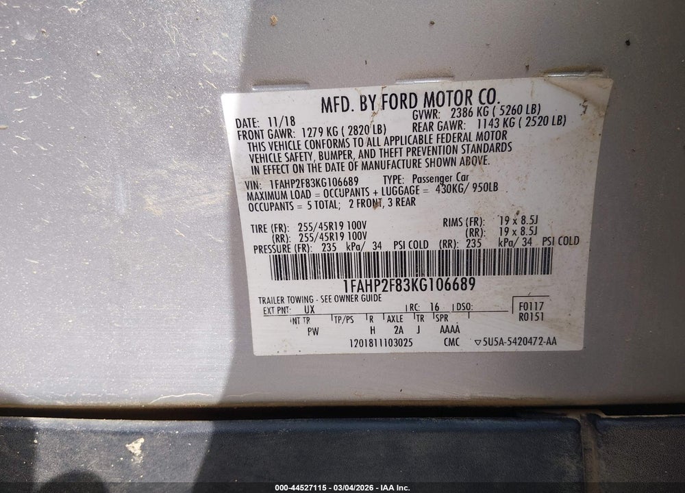 2019 FORD TAURUS LIMITED VIN: 1FAHP2F83KG106689
