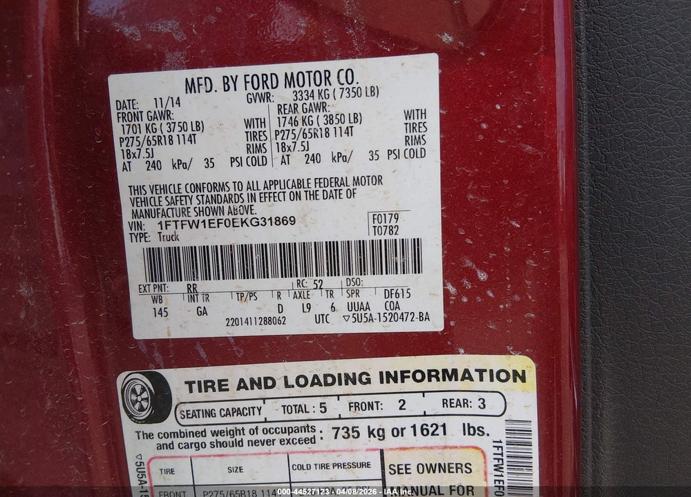 2014 FORD F-150 XLT VIN: 1FTFW1EF0EKG31869
