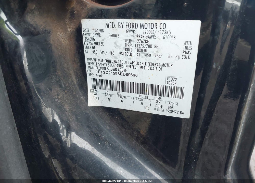 2008 FORD F-250 FX4/LARIAT/XL/XLT VIN: 1FTSX21598ED89696