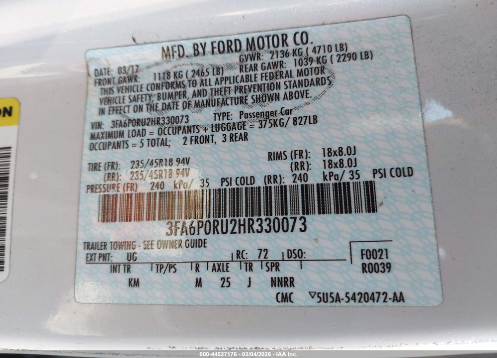 2017 FORD FUSION HYBRID TITANIUM VIN: 3FA6P0RU2HR330073