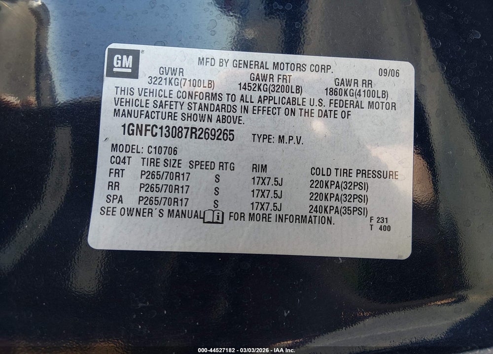 2007 CHEVROLET TAHOE LT VIN: 1GNFC13087R269265