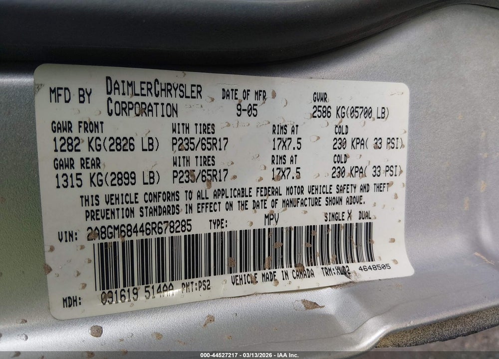 2006 CHRYSLER PACIFICA TOURING VIN: 2A8GM68446R678285