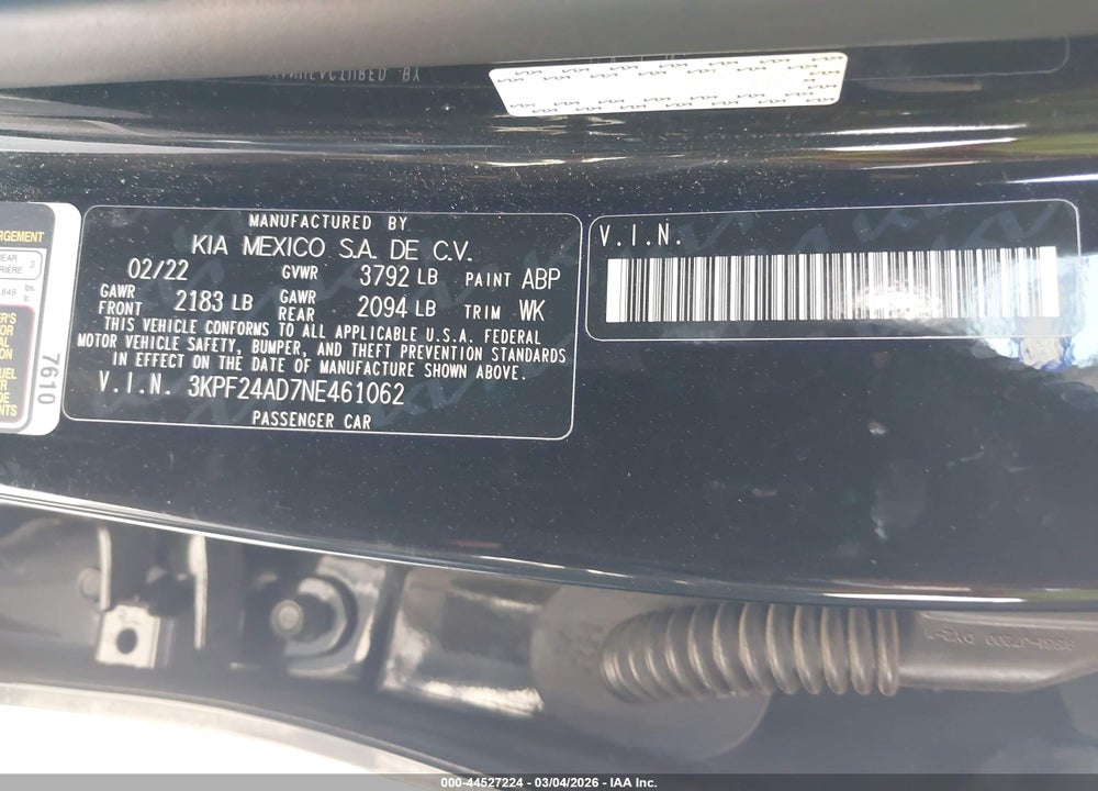 2022 KIA FORTE LXS VIN: 3KPF24AD7NE461062