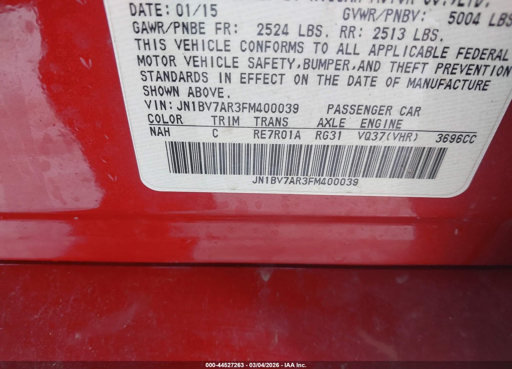2015 INFINITI Q50 PREMIUM VIN: JN1BV7AR3FM400039