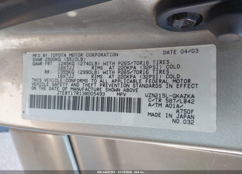 2003 TOYOTA 4RUNNER LIMITED V8 VIN: JTEBT17R138005493