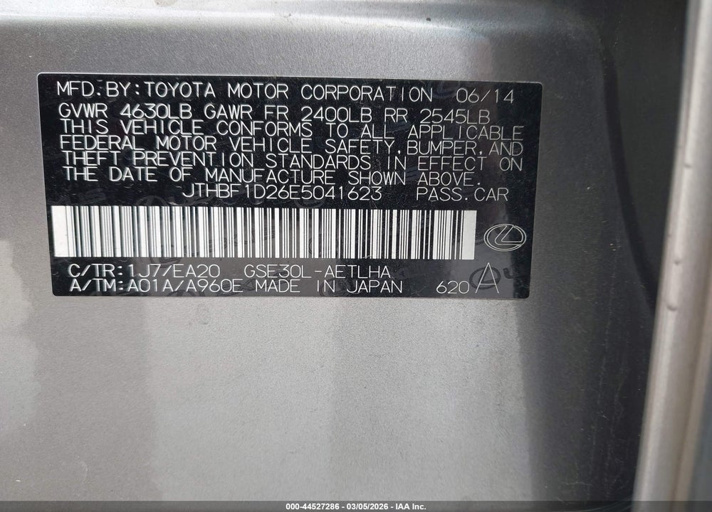 2014 LEXUS IS 250 VIN: JTHBF1D26E5041623