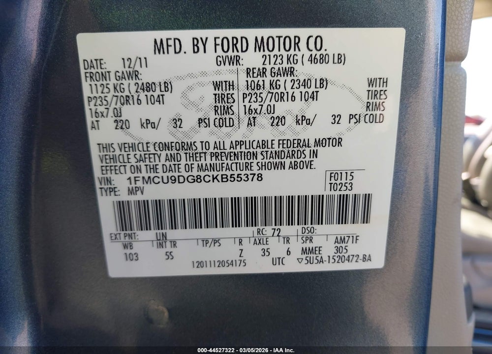 2012 FORD ESCAPE XLT VIN: 1FMCU9DG8CKB55378