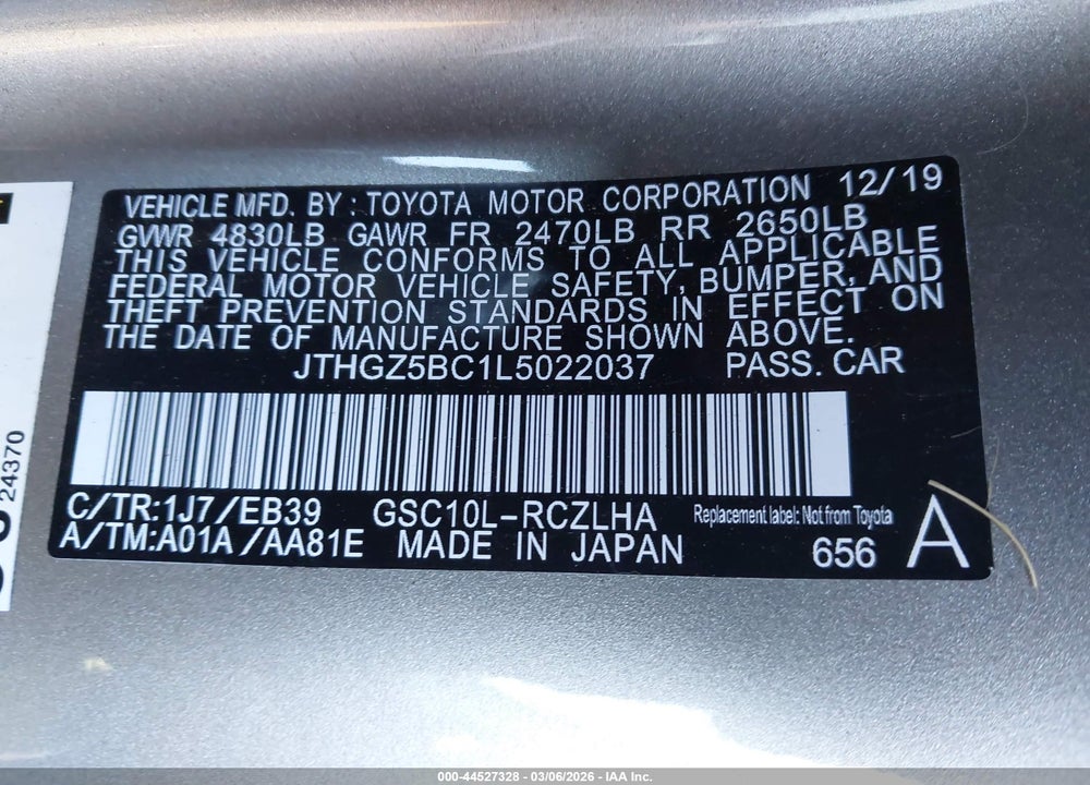 2020 LEXUS RC 350 F SPORT VIN: JTHGZ5BC1L5022037