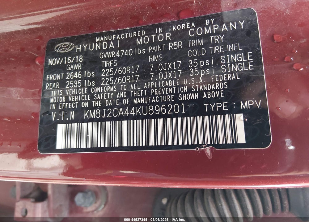 2019 HYUNDAI TUCSON SE VIN: KM8J2CA44KU896201