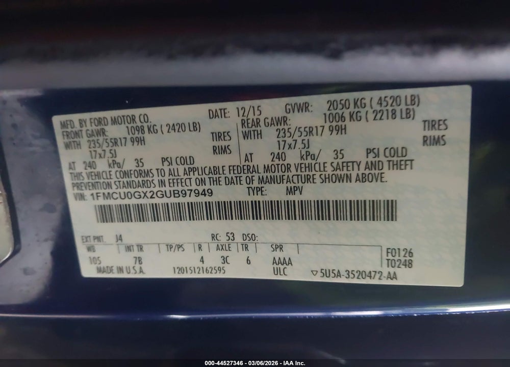 2016 FORD ESCAPE SE VIN: 1FMCU0GX2GUB97949