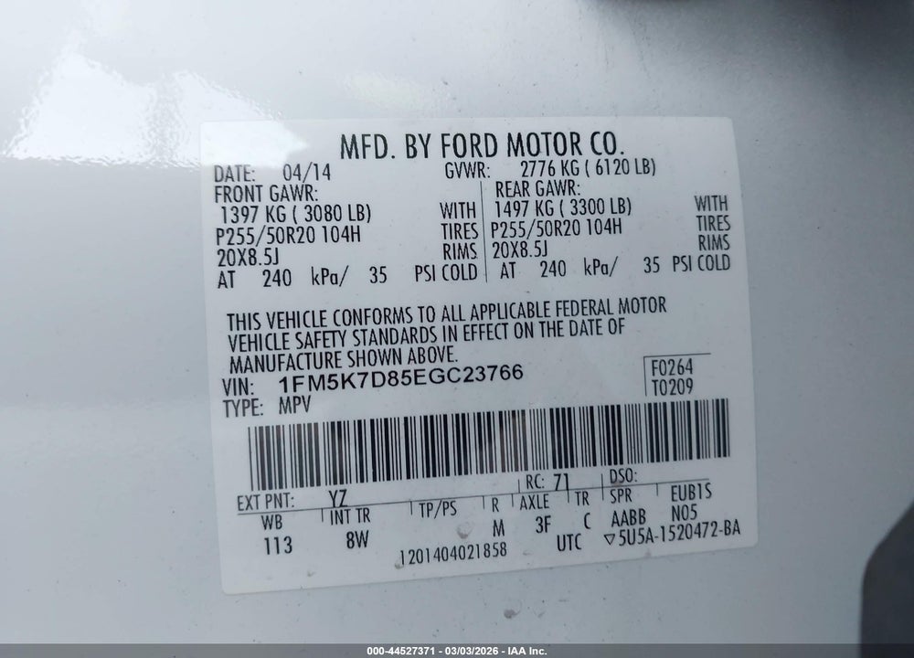2014 FORD EXPLORER XLT VIN: 1FM5K7D85EGC23766