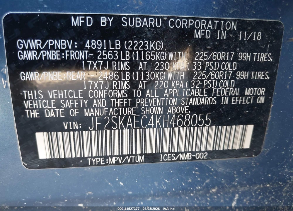 2019 SUBARU FORESTER PREMIUM VIN: JF2SKAEC4KH468055