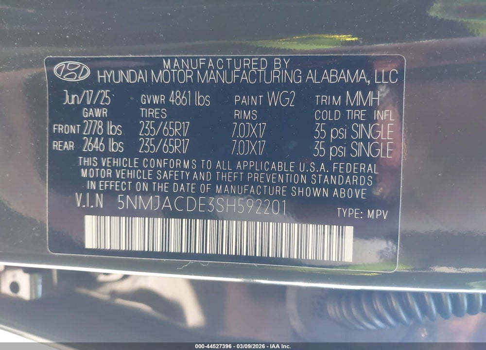 2025 HYUNDAI TUCSON SE VIN: 5NMJACDE3SH592201
