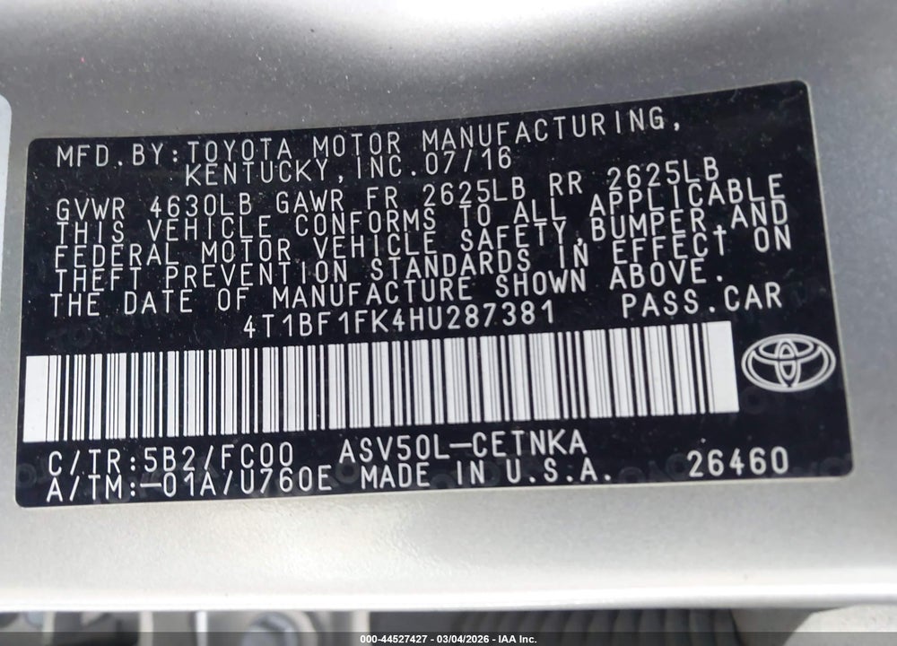 2017 TOYOTA CAMRY LE VIN: 4T1BF1FK4HU287381