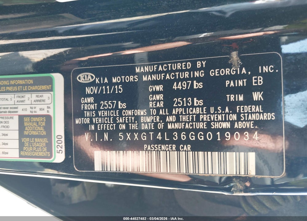 2016 KIA OPTIMA LX VIN: 5XXGT4L36GG019034