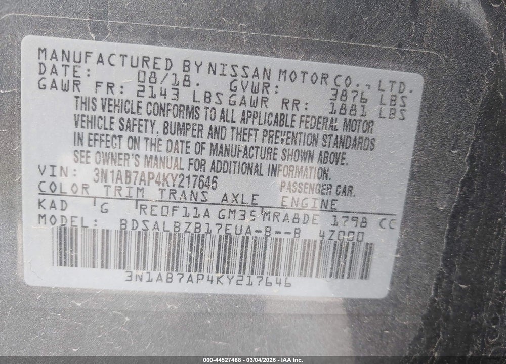 2019 NISSAN SENTRA S VIN: 3N1AB7AP4KY217646