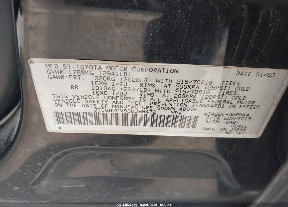 2003 TOYOTA RAV4 VIN: JTEGH20V830099472