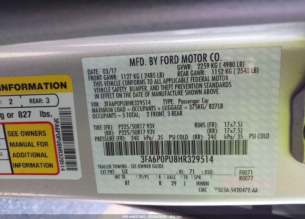 2017 FORD FUSION ENERGI SE LUXURY VIN: 3FA6P0PU8HR329514