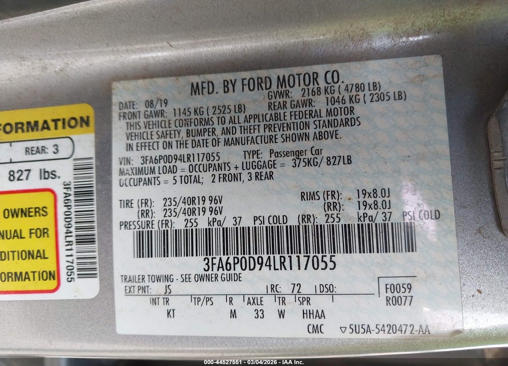 2020 FORD FUSION TITANIUM VIN: 3FA6P0D94LR117055