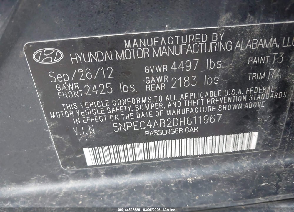 2013 HYUNDAI SONATA LIMITED 2.0T VIN: 5NPEC4AB2DH611967