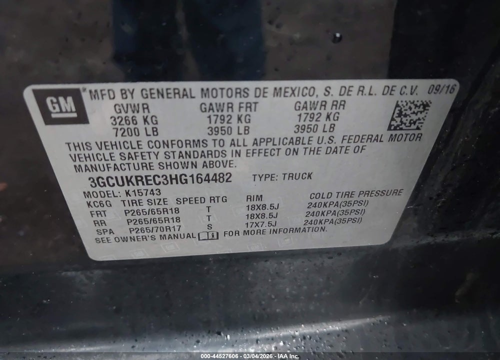2017 CHEVROLET SILVERADO 1500 1LT VIN: 3GCUKREC3HG164482