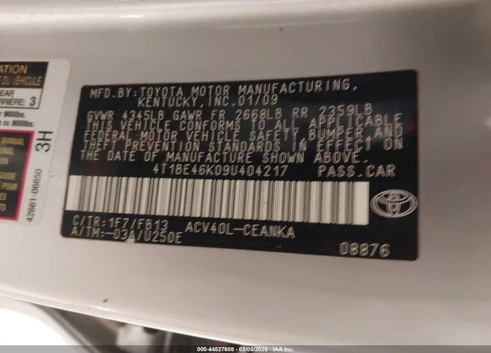 2009 TOYOTA CAMRY LE VIN: 4T1BE46K09U404217