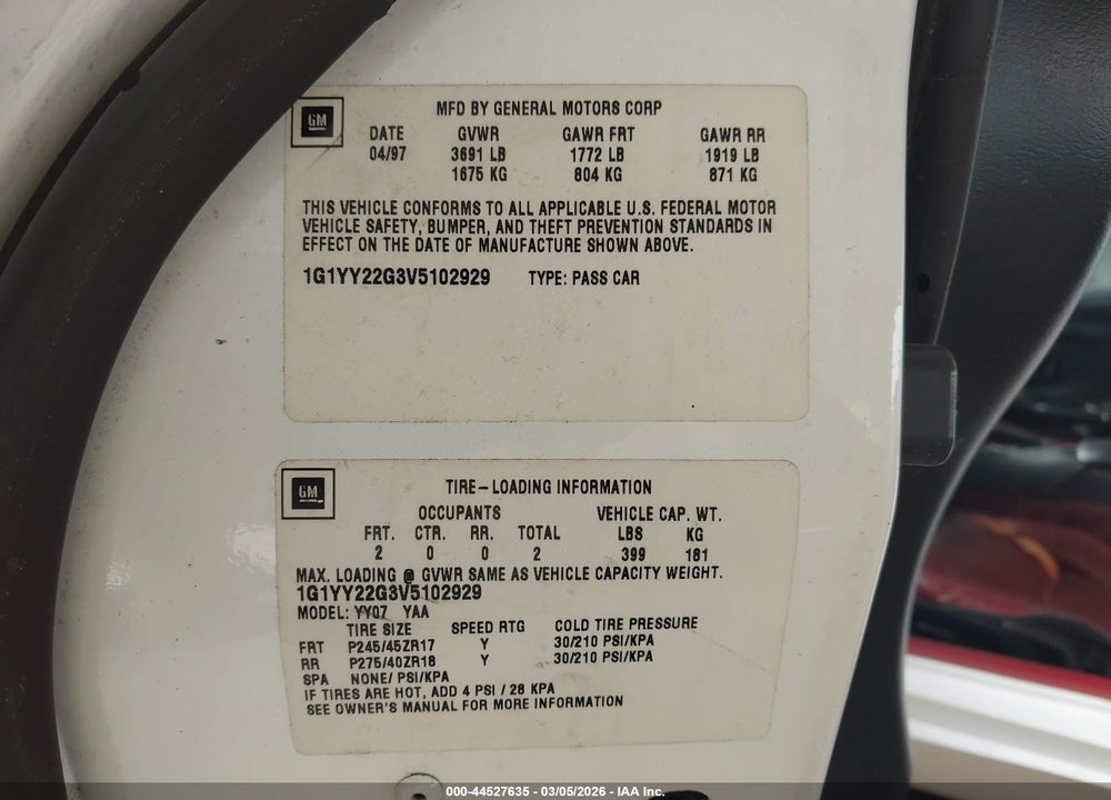 1997 CHEVROLET CORVETTE VIN: 1G1YY22G3V5102929