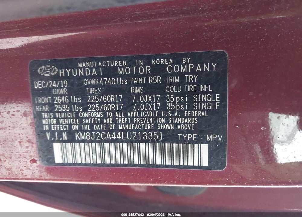 2020 HYUNDAI TUCSON SE VIN: KM8J2CA44LU213351