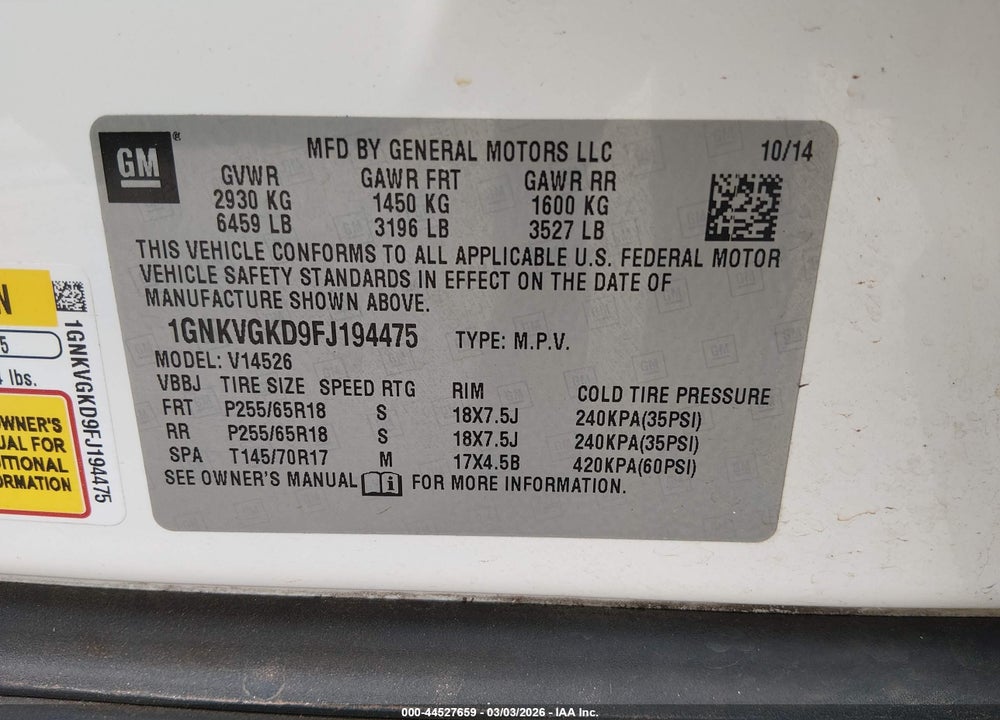 2015 CHEVROLET TRAVERSE 1LT VIN: 1GNKVGKD9FJ194475