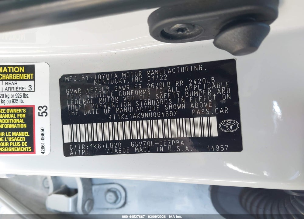 2022 TOYOTA CAMRY XSE V6 VIN: 4T1KZ1AK9NU064697