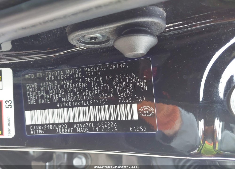 2020 TOYOTA CAMRY XSE VIN: 4T1K61AK1LU917454