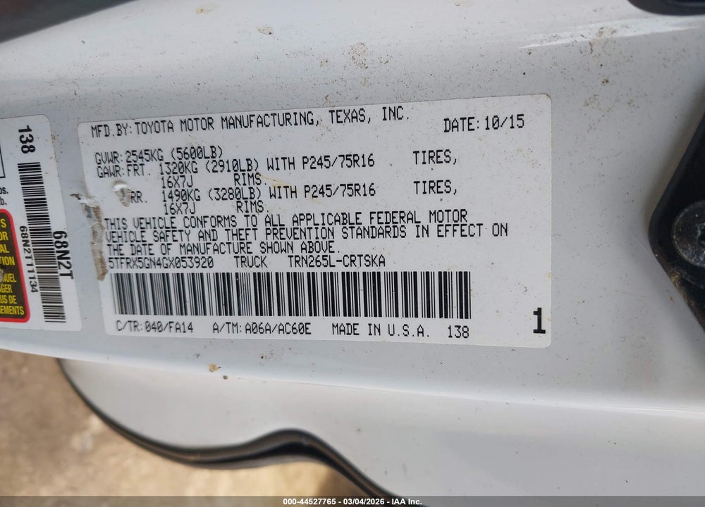 2016 TOYOTA TACOMA SR VIN: 5TFRX5GN4GX053920
