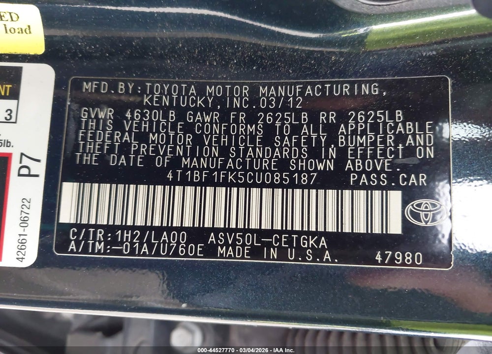 2012 TOYOTA CAMRY XLE VIN: 4T1BF1FK5CU085187