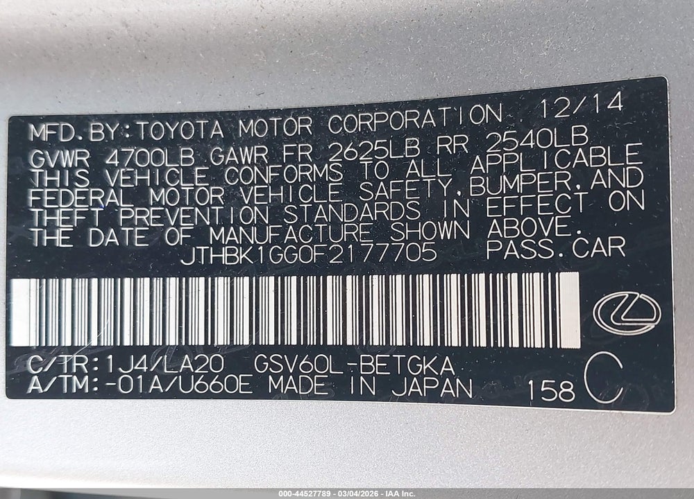 2015 LEXUS ES 350 VIN: JTHBK1GG0F2177705