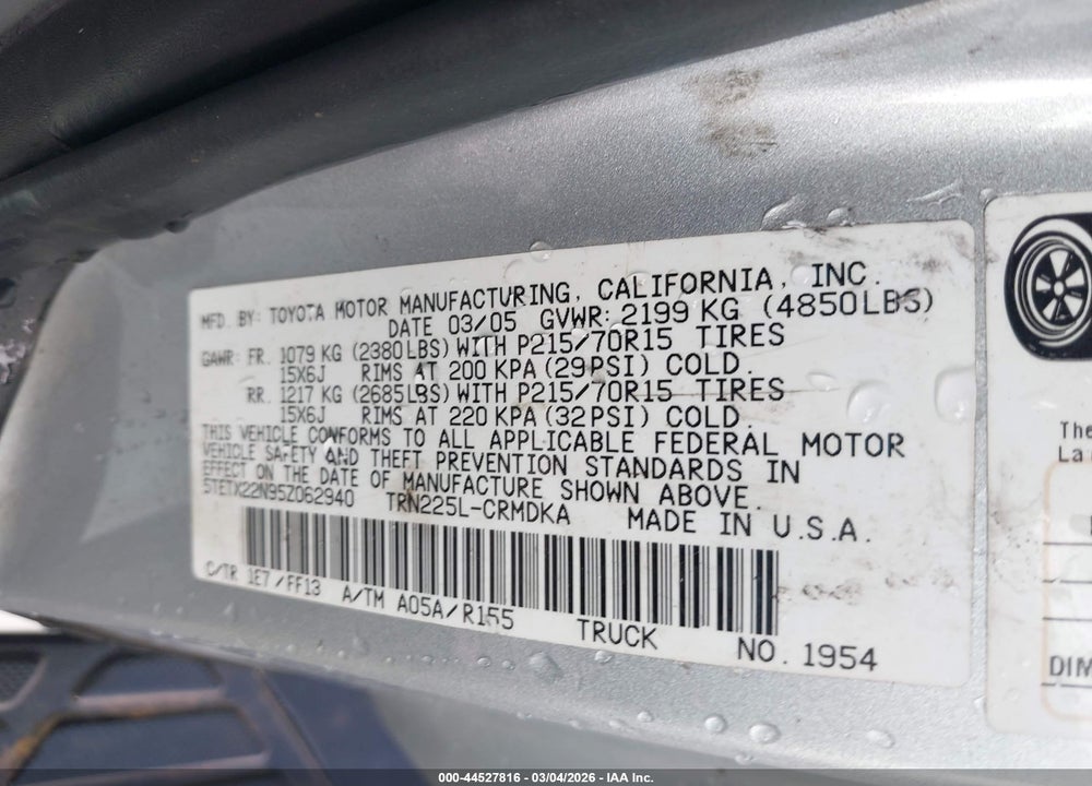 2005 TOYOTA TACOMA VIN: 5TETX22N95Z062940