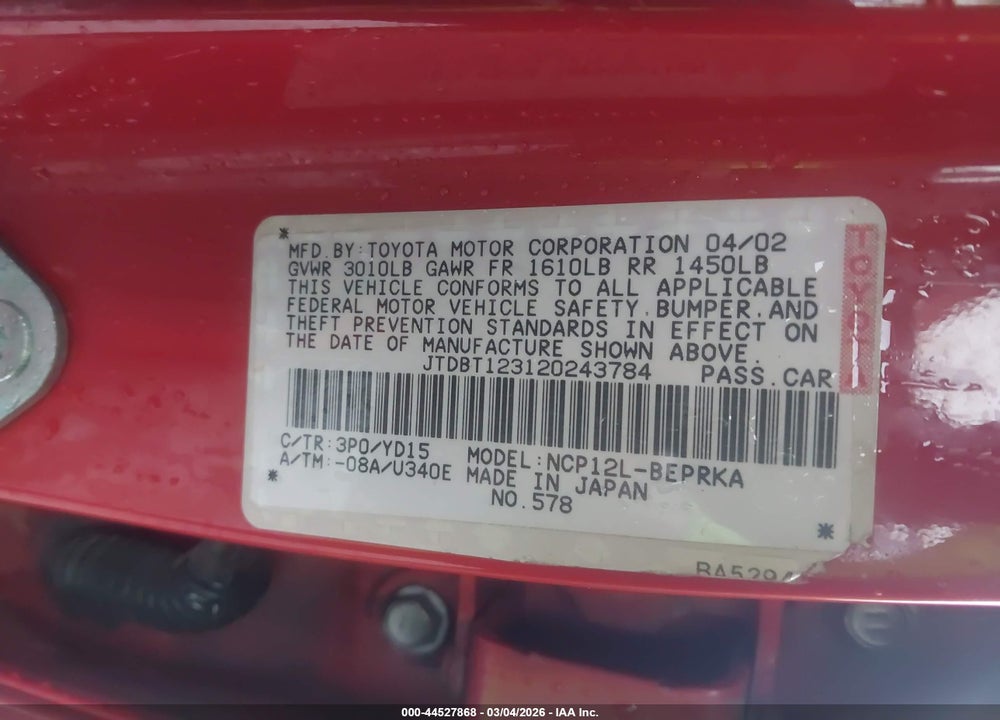 2002 TOYOTA ECHO VIN: JTDBT123120243784