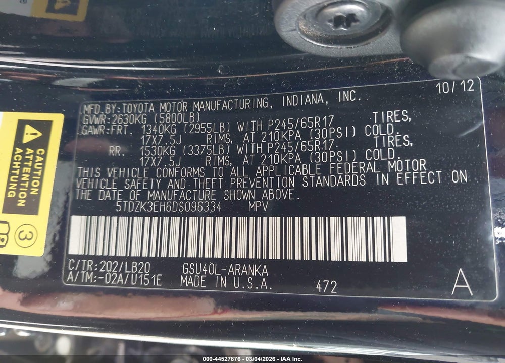 2013 TOYOTA HIGHLANDER SE V6 VIN: 5TDZK3EH6DS096334