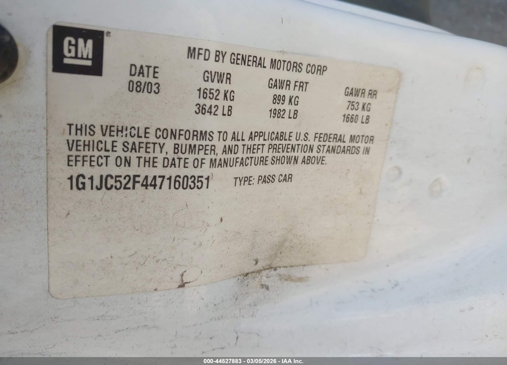 2004 CHEVROLET CAVALIER VIN: 1G1JC52F447160351