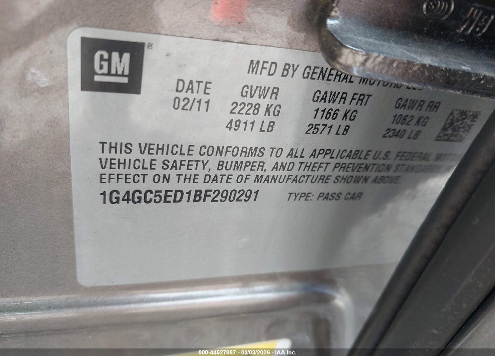 2011 BUICK LACROSSE CXL VIN: 1G4GC5ED1BF290291