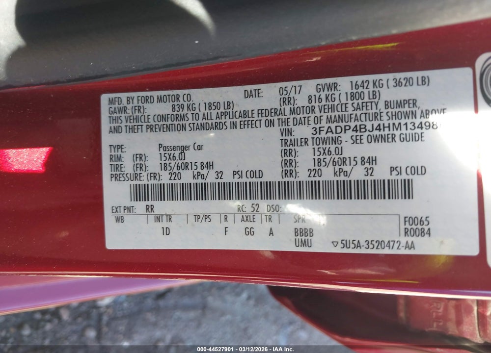 2017 FORD FIESTA SE VIN: 3FADP4BJ4HM134986