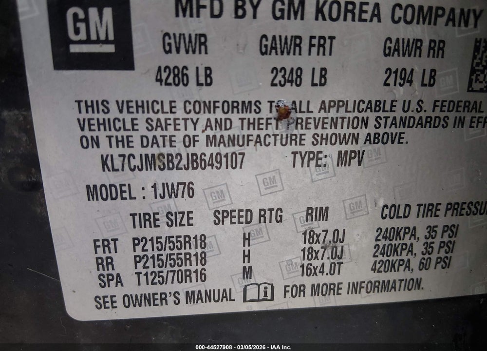 2018 CHEVROLET TRAX PREMIER VIN: KL7CJMSB2JB649107