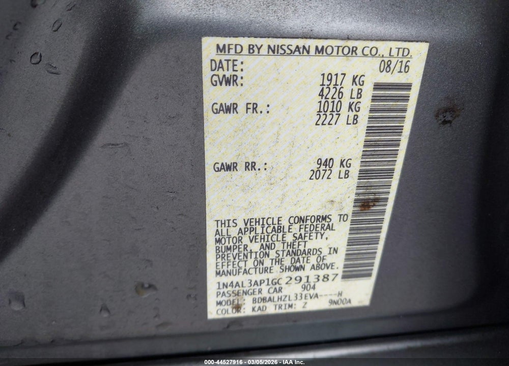 2016 NISSAN ALTIMA 2.5 SR VIN: 1N4AL3AP1GC291387