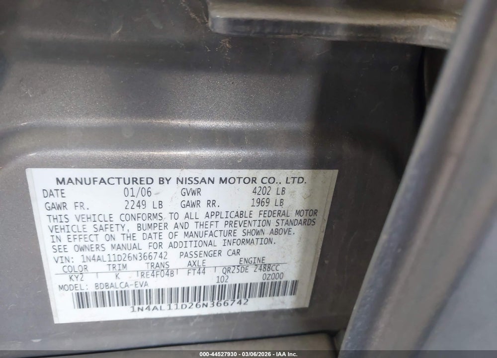 2006 NISSAN ALTIMA 2.5 S VIN: 1N4AL11D26N366742