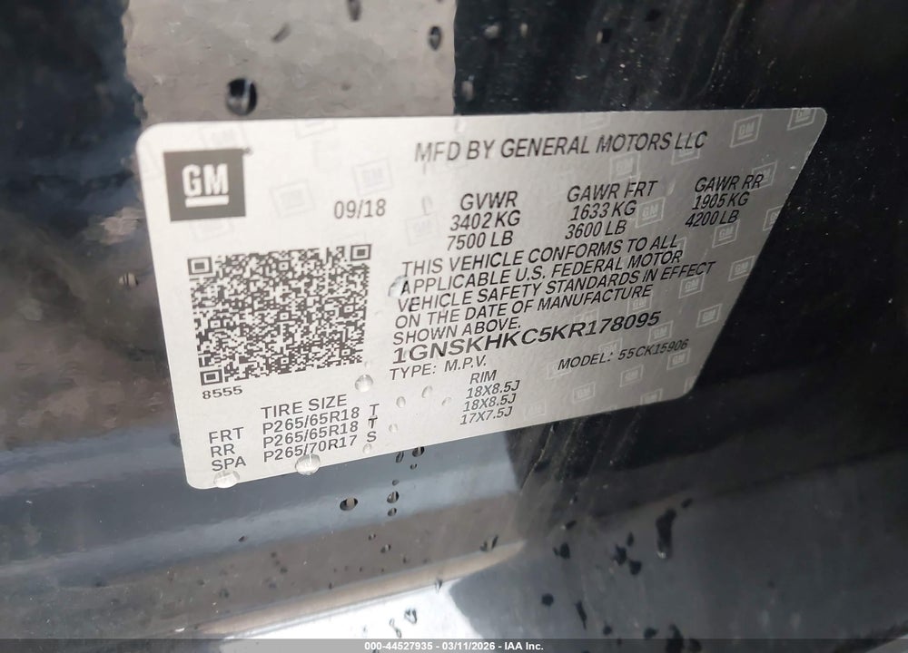 2019 CHEVROLET SUBURBAN LT VIN: 1GNSKHKC5KR178095