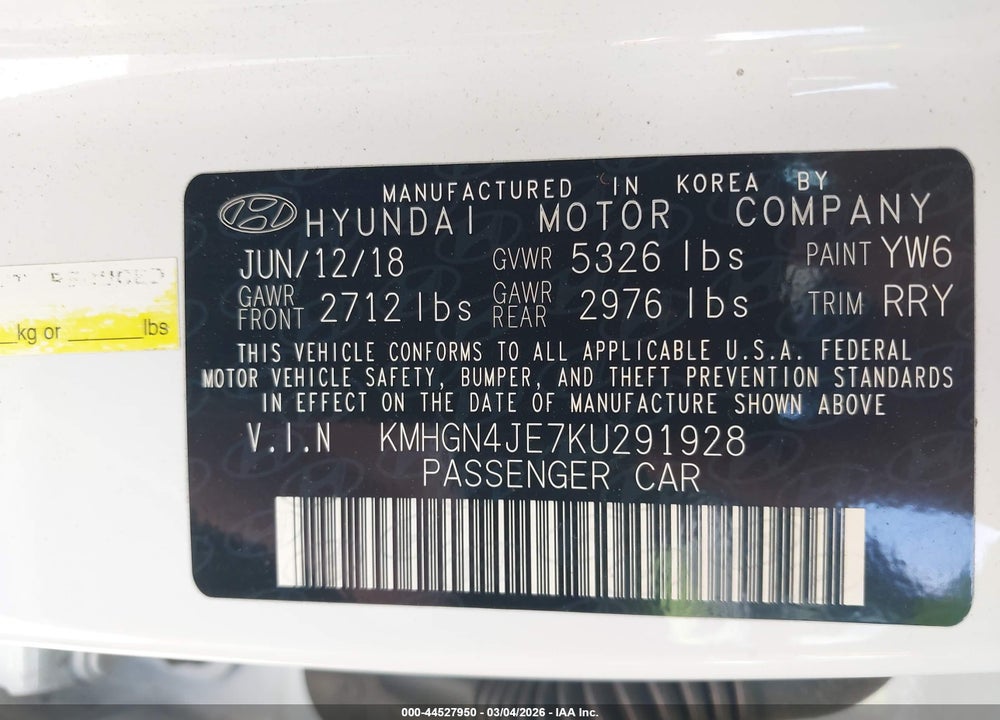 2019 GENESIS G80 3.8 VIN: KMHGN4JE7KU291928