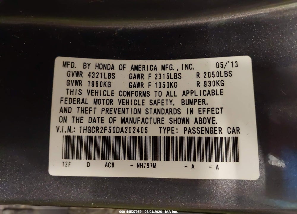 2013 HONDA ACCORD SPORT VIN: 1HGCR2F50DA202405