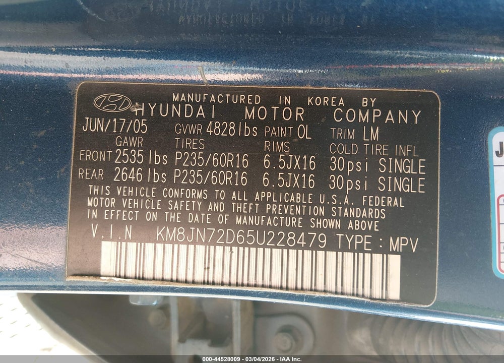 2005 HYUNDAI TUCSON GLS/LX VIN: KM8JN72D65U228479